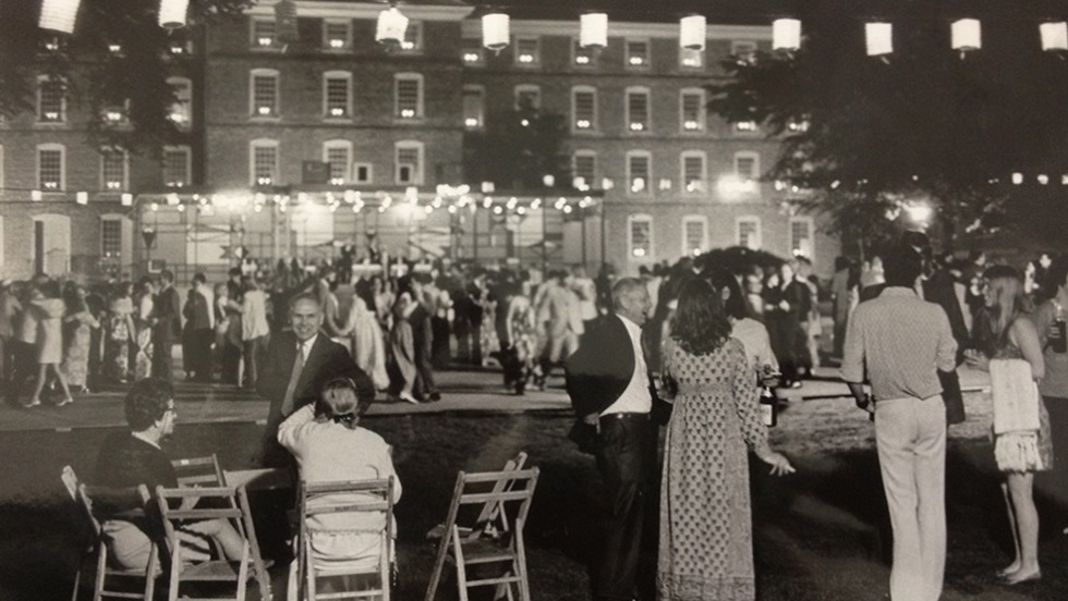 Campus Dance attendees in front of University Hall circa 1970