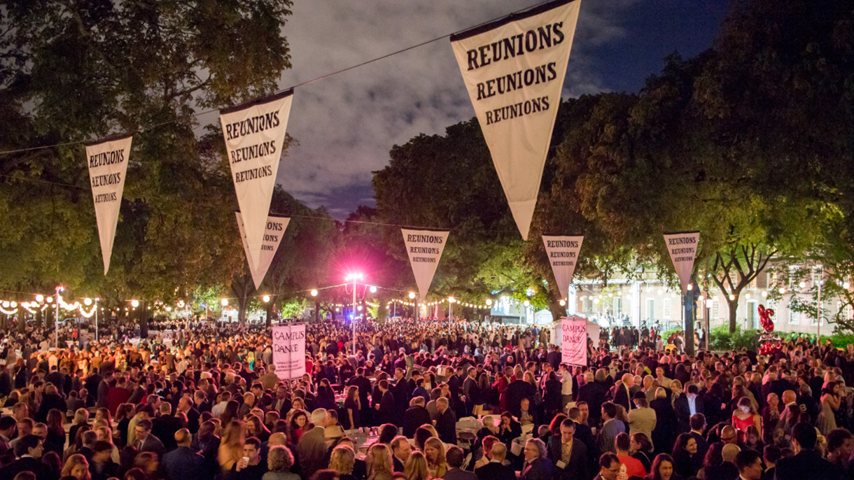 Banners and lanterns hanging during Campus Dance over a crowd