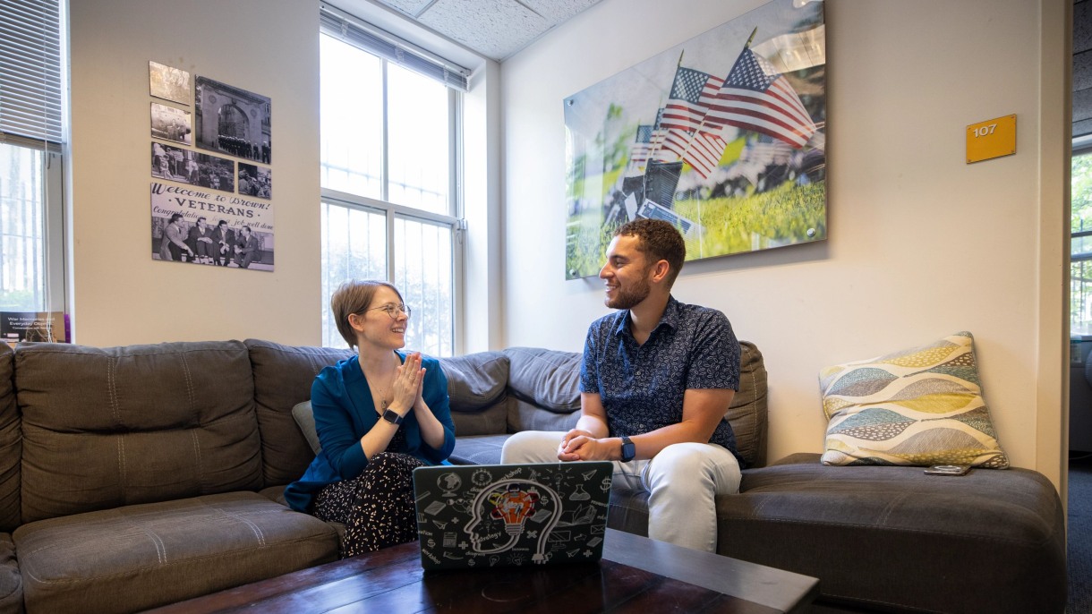 US Navy veteran Terren Wise (right) meeting with a program coordinator in Brown's Office of Military-Affiliated Students