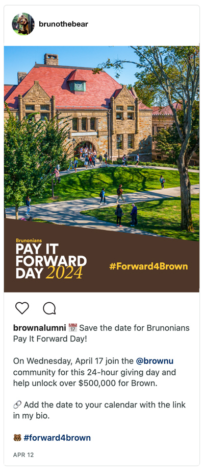 sample of a Facebook post for Brunonians Pay It Forward Day