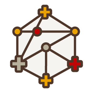 Icon of plus and circles connected in a hexagonal shape.