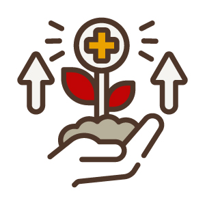 Icon of hand holding dirt with a plant growing out of it with plus signs and arrows