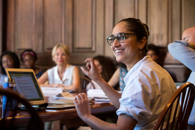 Leela Gandhi teaching during a lecture.