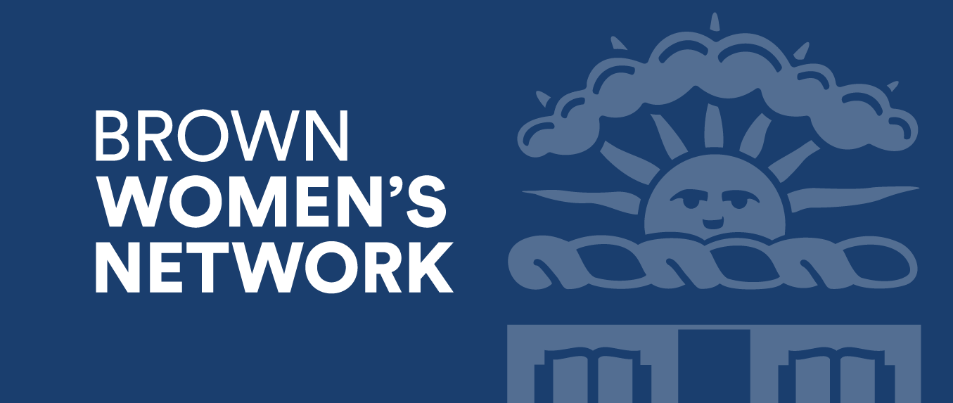 Brown Women's Network logo against a blue background with a watermark of the Brown crest.