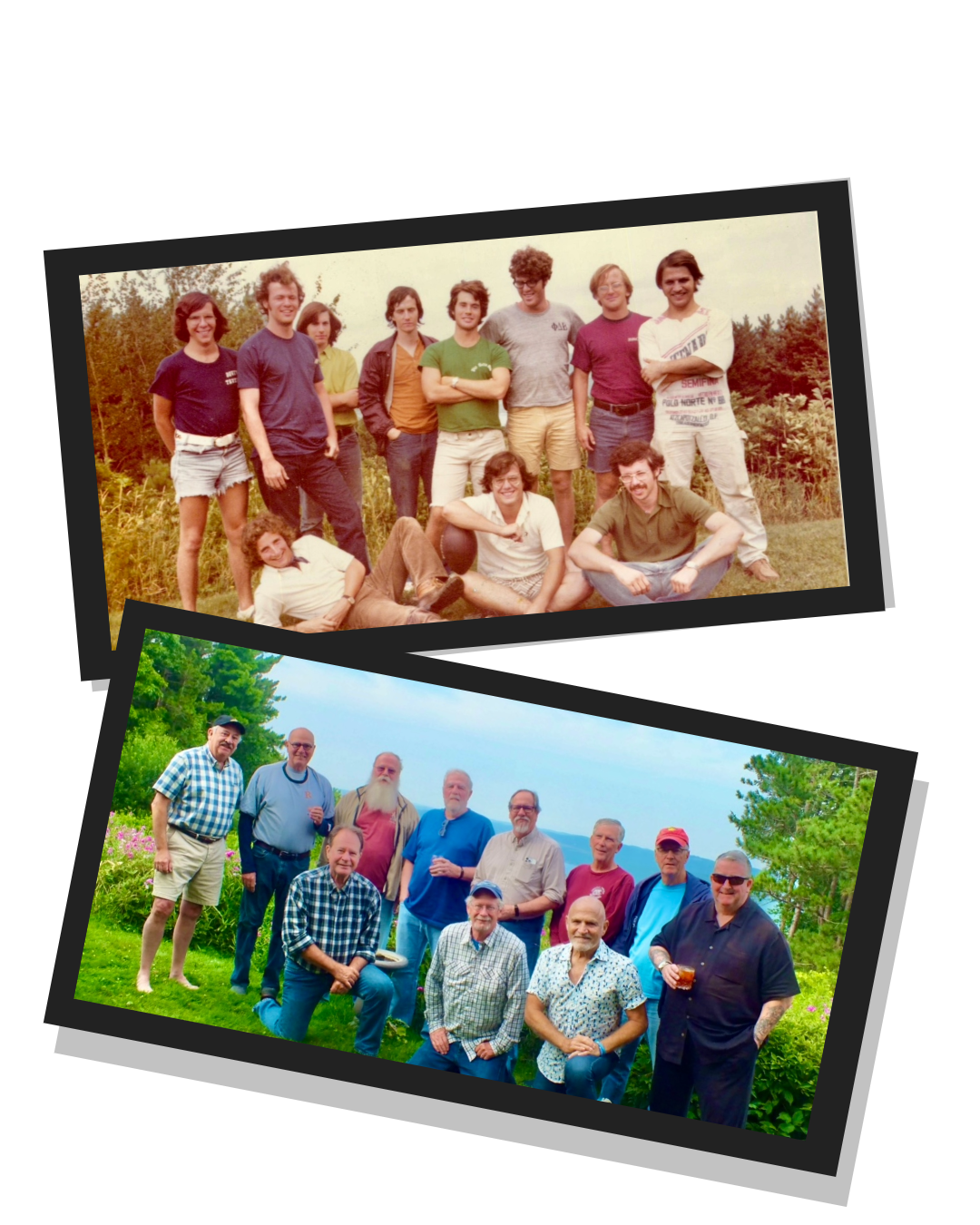 A collage featuring two photos of Mike and his Phi Delta Beta brothers. Top photo is an old photograph of a few members while the bottom includes a present-day group photo with trees and bushes in the background. 