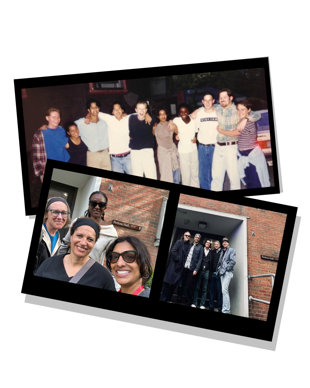 A collage of three photos showcasing Sharmila and friends in different settings: the top photo features an old photograph of Sharmila and her college friends, the bottom left shows a present-day photo with four people smiling in front of a building with Perkins Hall signage visible, and the bottom right displays a present-day photo of five friends posing in front of a door to an entrance at Perkins Hall. 
