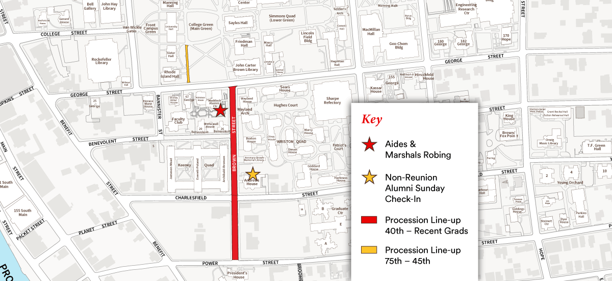 Map of campus with graphics marking the line-up locations for Reunion classes. Recent grads through 40th line up on Brown Street, 45th and up in front of Rhode Island Hall.