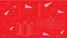 Zoom background with icons of University crest, pennants, gates and music on red.