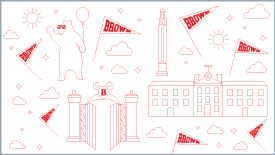 Zoom background with icons of University crest, pennants, gates and music on white.