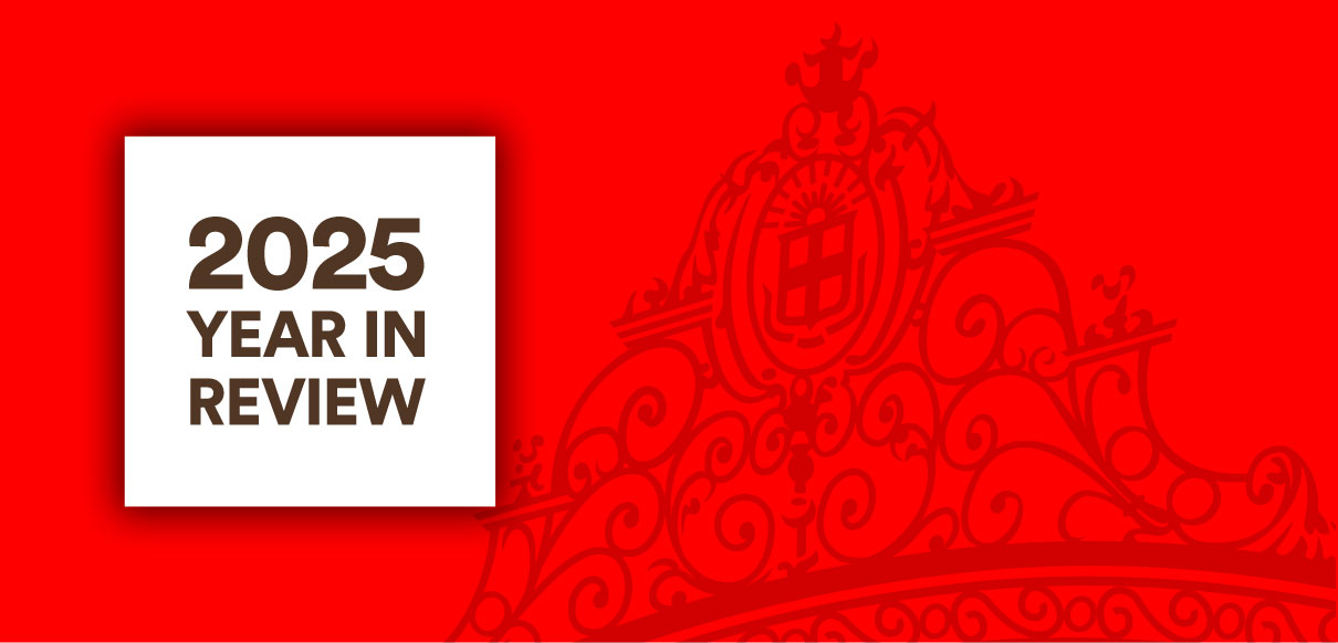 Banner image featuring the text '2025 Year in Review' in bold on a white square. The background is red with a decorative motif of Brown’s Van Wickle Gates.