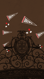 Van Wickle gates on brown background with pennants and stars.