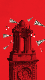 Carrie Tower on red background with pennants and stars.