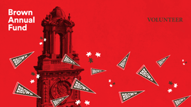 Carrie Tower on red background with pennants and stars.