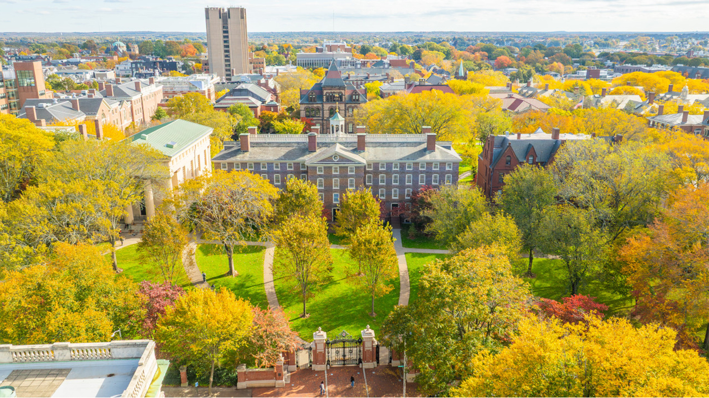 An aerial shot of campus during the fall