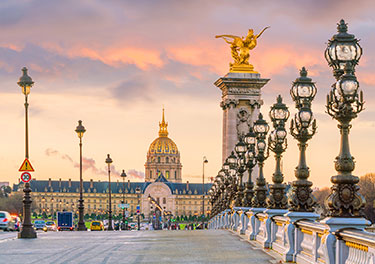 Bridge in Paris with ornate building in the distance.