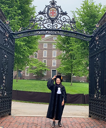 Mandy Tachiki in front of the Van Wickle Gates 