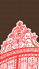 Van Wickle gates graphic over brown background with the word BROWN repeating.