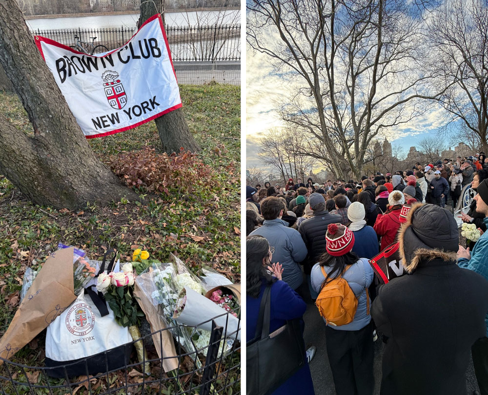 side by side image of a memorial in New York and a crowd of people standing together.