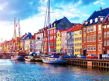 Colorful waterfront buildings in the Baltic region.