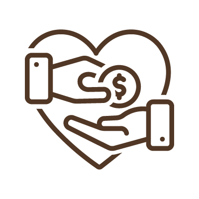 icon of hand donating coin with heart background