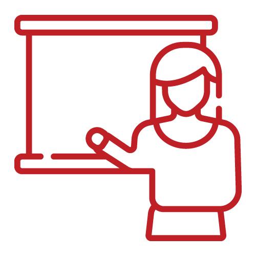 red icon of a teacher in front of a presentation board