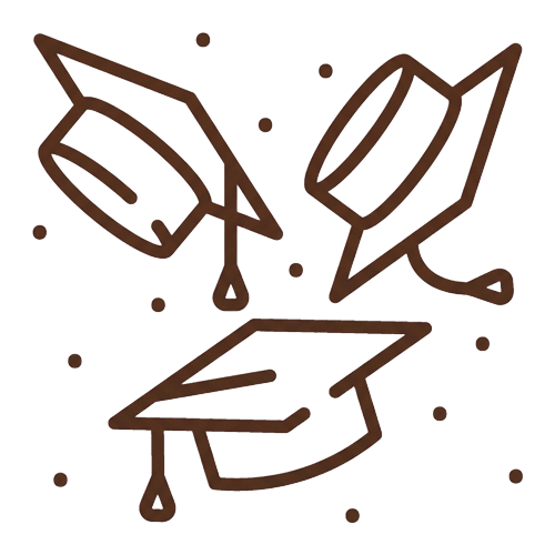 Brown icon of flying grad caps.