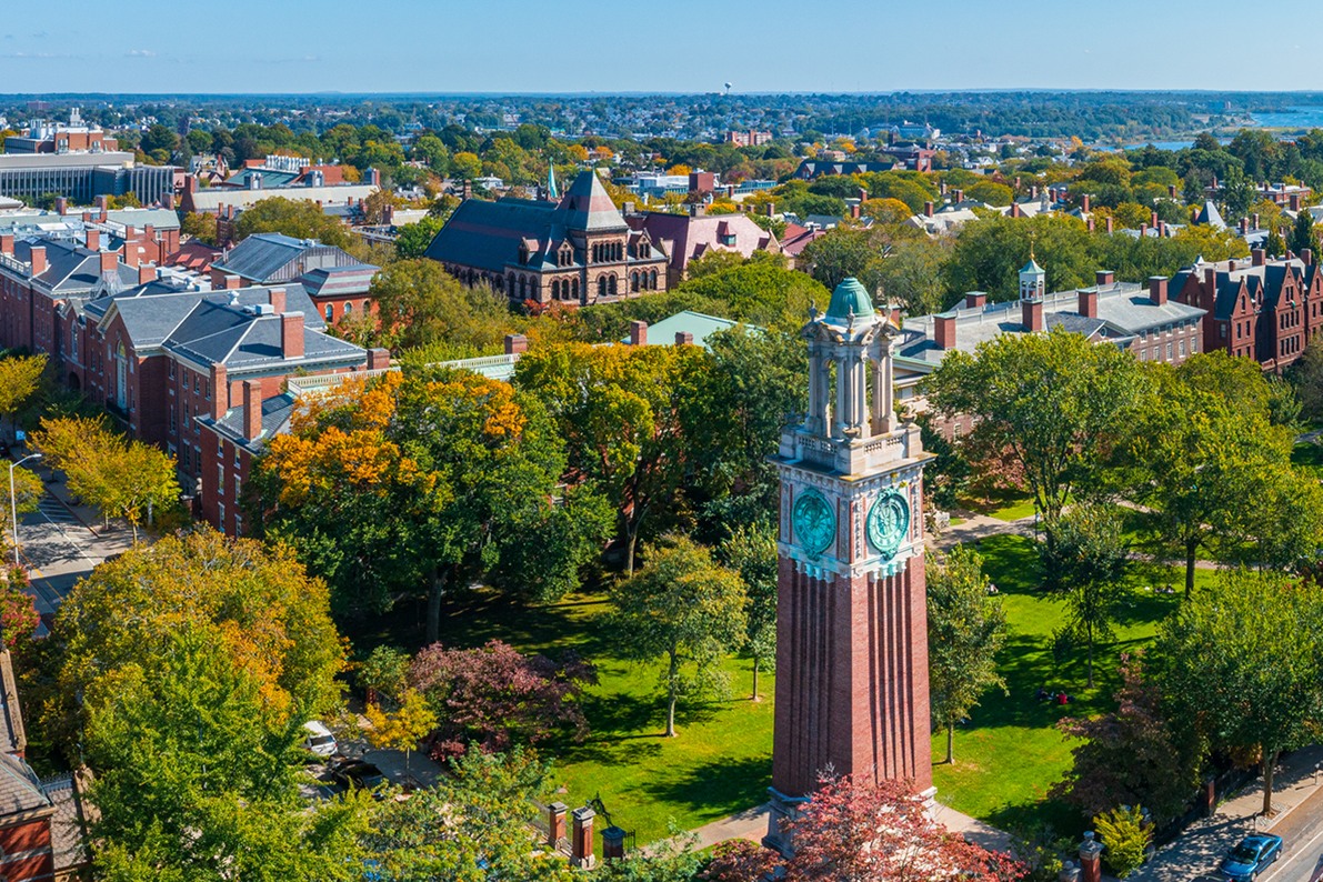 Aerial photo of Brown University campus with the Carrie Tower.