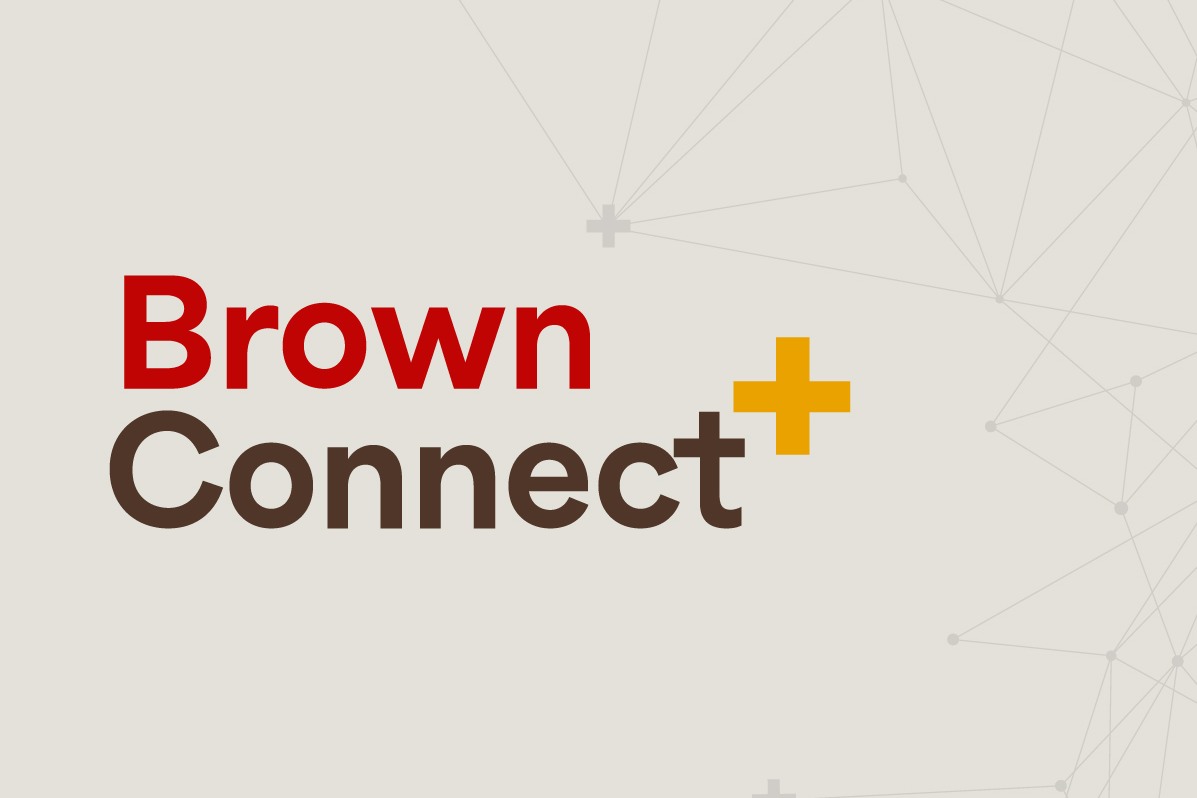 BrownConnect+ logo with intersecting line art behind it over tan background