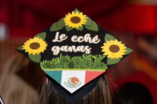 Student wearing a graduation cap decorated with a Mexican flag, sunflowers, and the phrase le eché ganas.