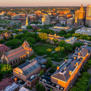 Aerial photo of Brown campus at sunset.