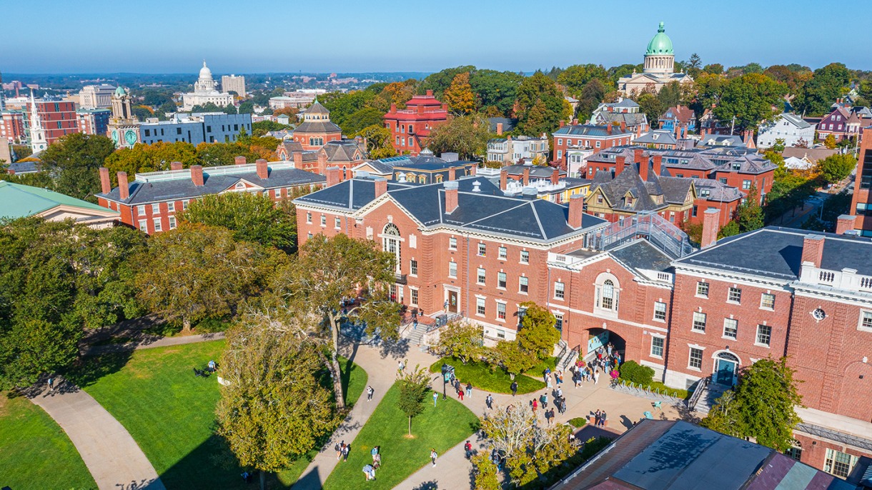 An aerial view of the main green at Brown University.