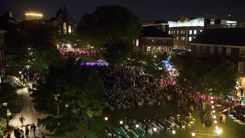Aerial view over Campus Dance Simmons Quad