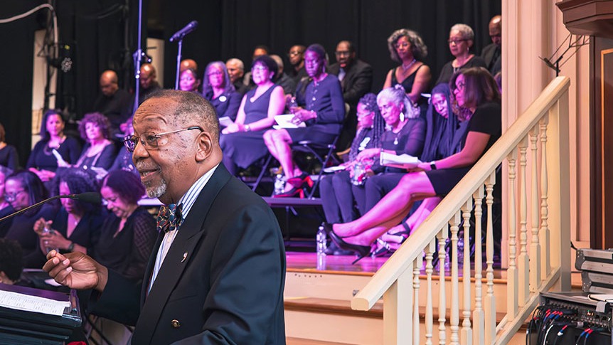 Alumni of combined Black choirs perform in celebration of the 50th anniversary of Brown’s first gospel choir. 