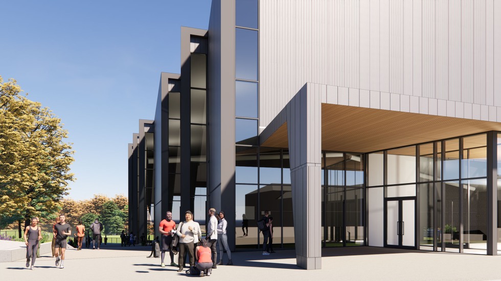 exterior rendering of entrance to turf facility with students