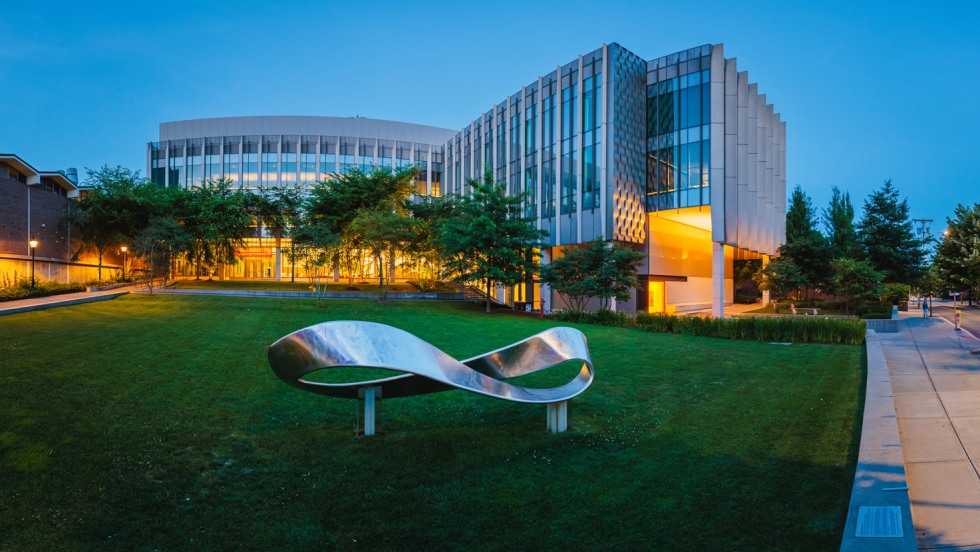 Exterior of the Engineering Research Center right after sunset.