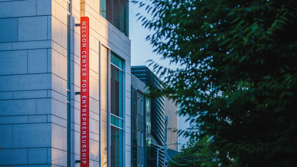Exterior of the Nelson Center during sunset