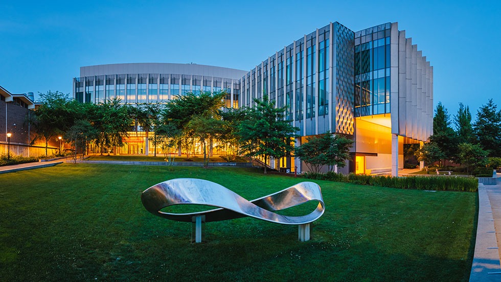 The Engineering Research Center exterior with metal sculpture in foreground