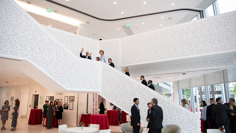 People gathering in the main area of Stephen Robert ’62 Hall