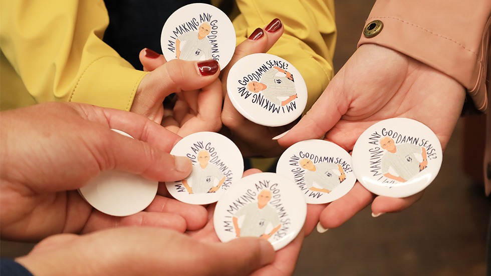 Buttons were made in Hazeltine’s honor for those at the May celebration.