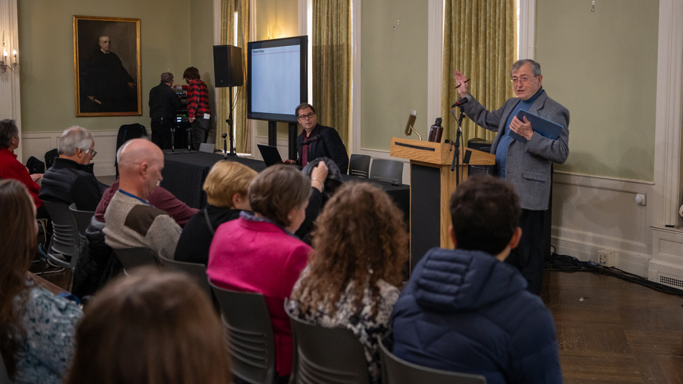 Michael Littman PhD’96, P’21 and Andries van Dam ADE’68 hon., P’86 discussing Brown’s computer science department