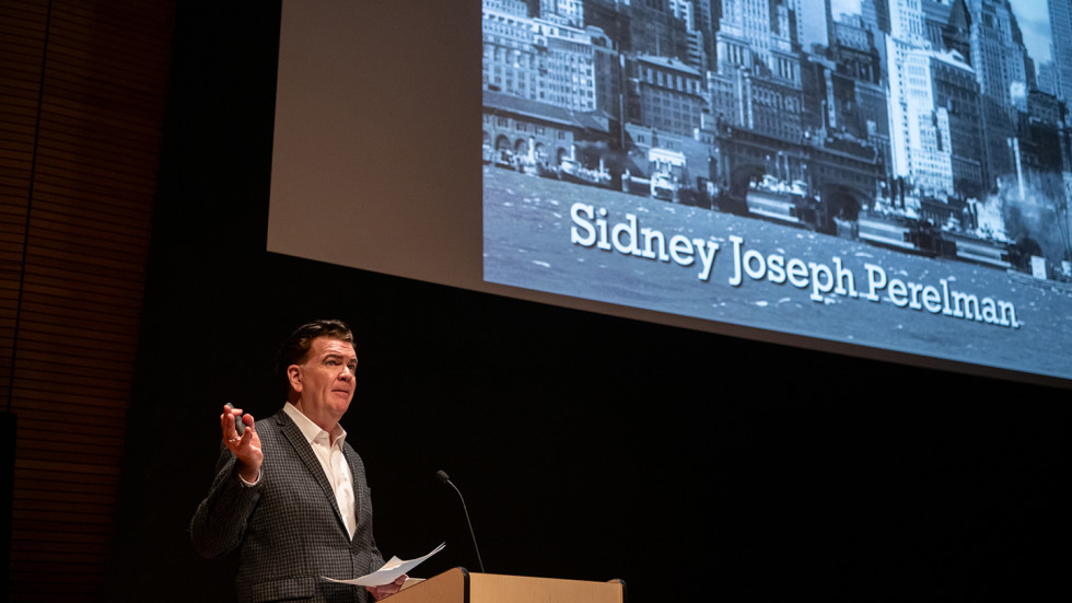 Sean Kelly ’84 speaking before the screening of his documentary, “The Sophisticated Silliness of S.J. Perelman.”