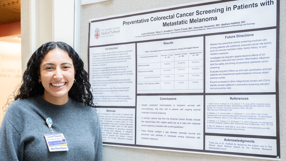 Justine Elshama MD’28 showcasing her research in preventative cancer screening. 