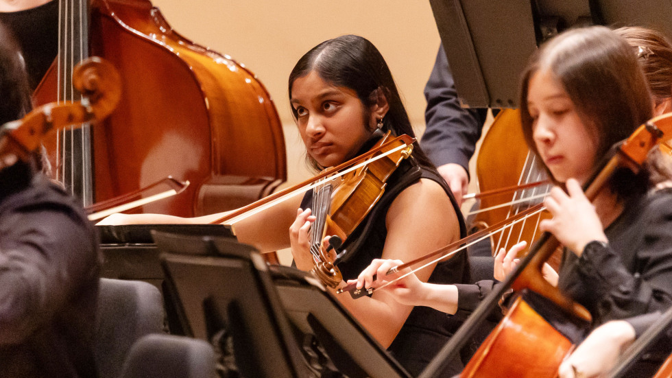 Close-up of Orchestra members playing  string instruments including violins and cellos.