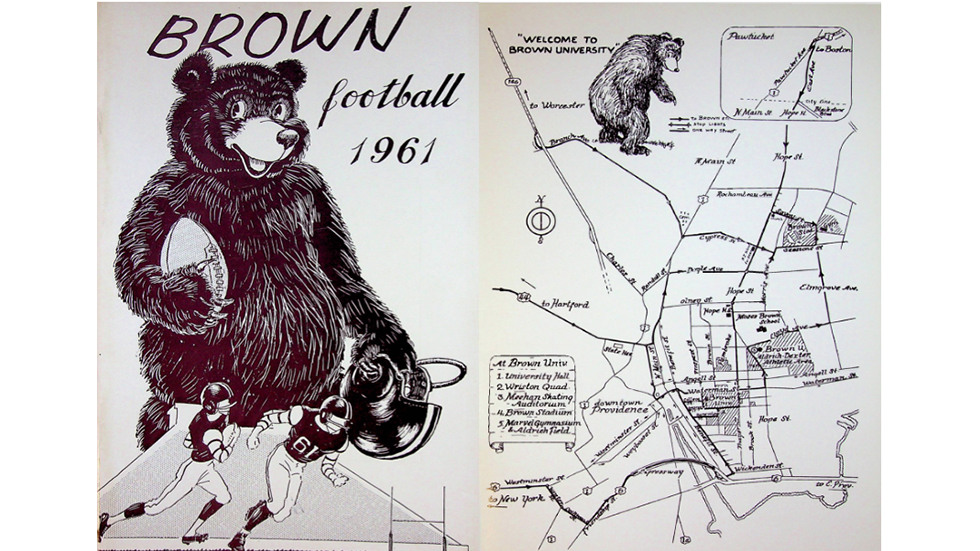 An image of the illustrated cover of the 1961 Brown Football program. On the left side, a Bruno bear holds a football and helmet, and two players are shown running. On the right, an illustrated campus map that is titled "Welcome to Brown University".