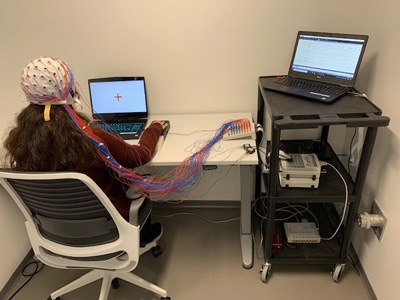 Carney postdoctoral associate Carmen Kohl uses a electroencephalography (EEG) cap to measure electrical brain activity.