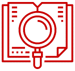 Red icon of a book and magnifying glass