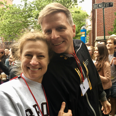 Leslie Row ’88 (left) and Gordon Row ’85 (right) on Benefit Street during Reunion Weekend.