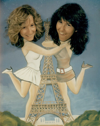 Elizabeth Schiff ’81 and Marianne Chelovich Quoyeser ’83, P’15 with their heads photoshopped onto an illustration of two women hugging over the Eiffel Tower.