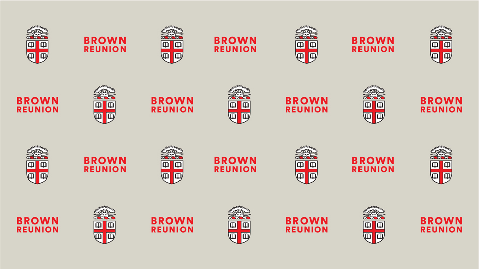 Step and repeat background with the Brown Reunion logo and the Brown University crest.
