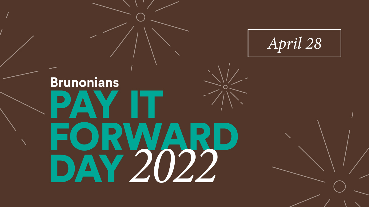 Brunonians Pay It Forward Day logo over a red background with white firework line art